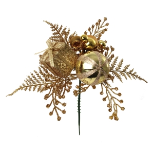 Gold Glittered Wreath Pick With Cedar Sprigs, Ornamental sprigs, Tendrils, A Package and 4 balls (Lot of 12 Picks) SALE ITEM